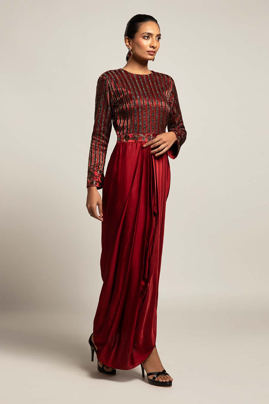 Maroon Foxy Embroidered Draped Dress