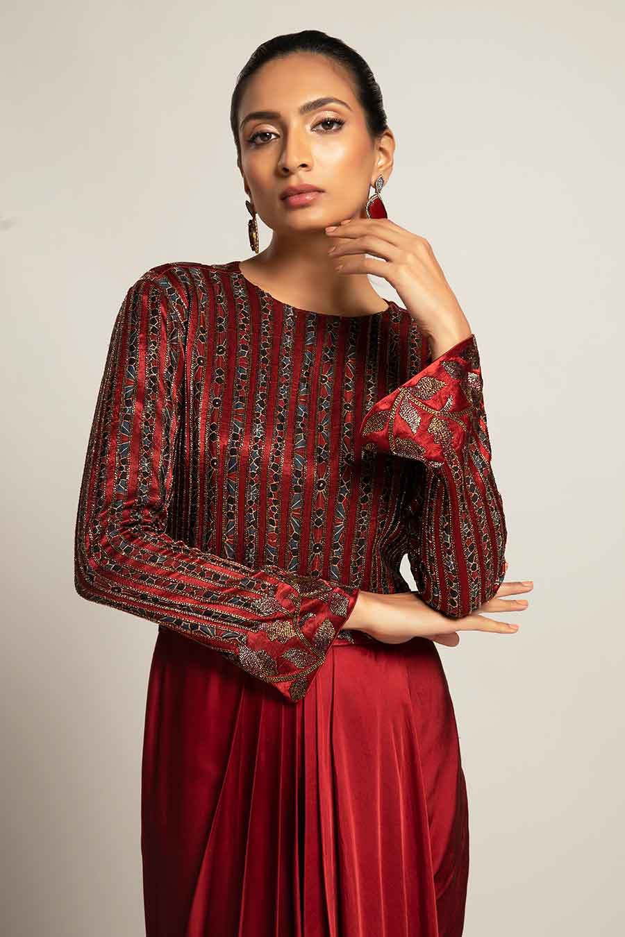 Maroon Foxy Embroidered Draped Dress