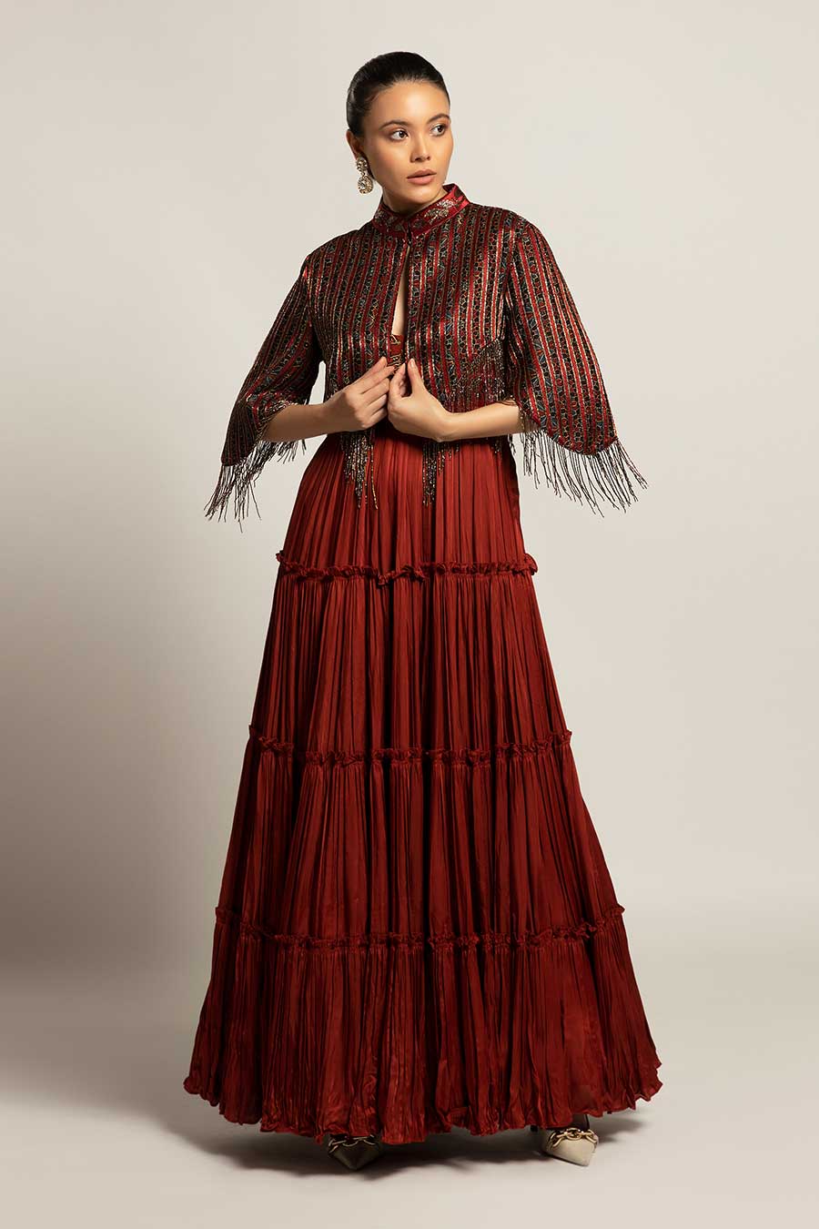 Maroon Bonza Embroidered Tiered Dress & Cape Jacket Set