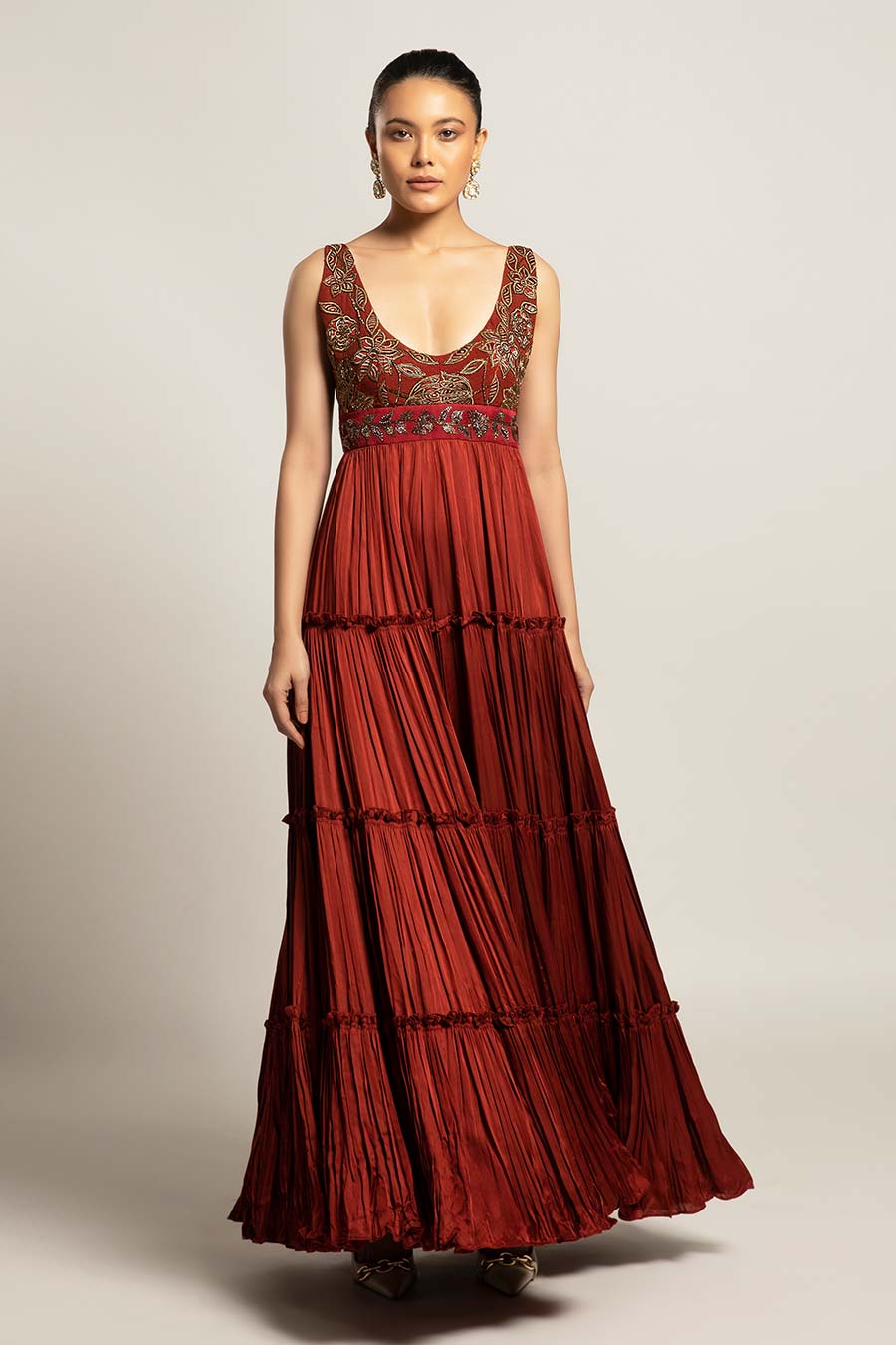 Maroon Bonza Embroidered Tiered Dress