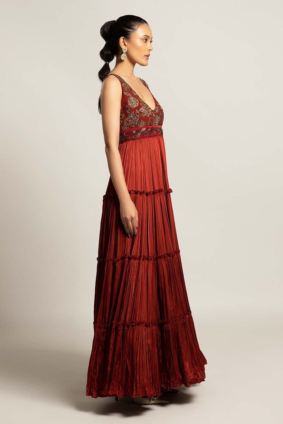 Maroon Bonza Embroidered Tiered Dress