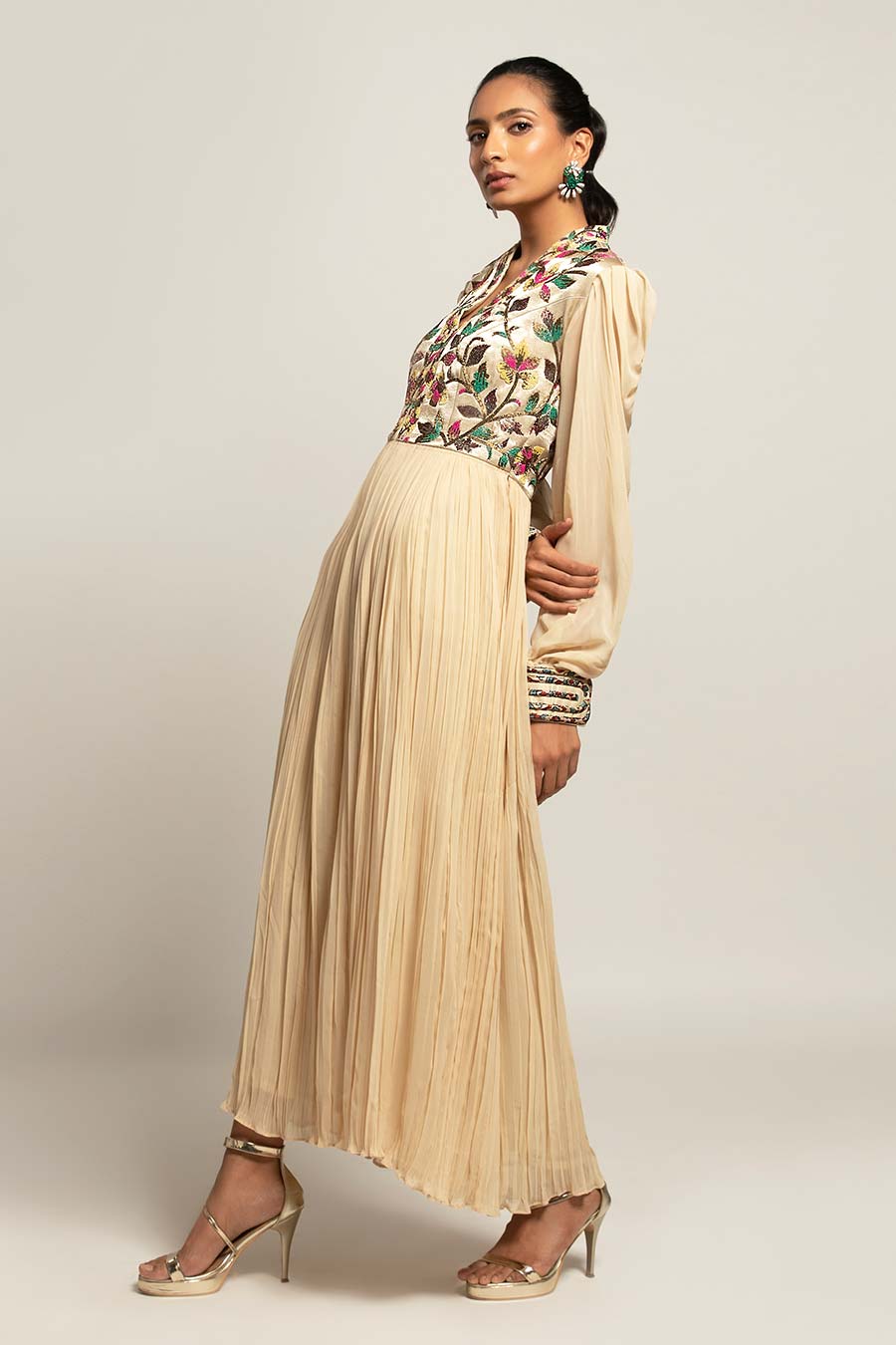 Beige Debonair Hex Embroidered Gathered Dress