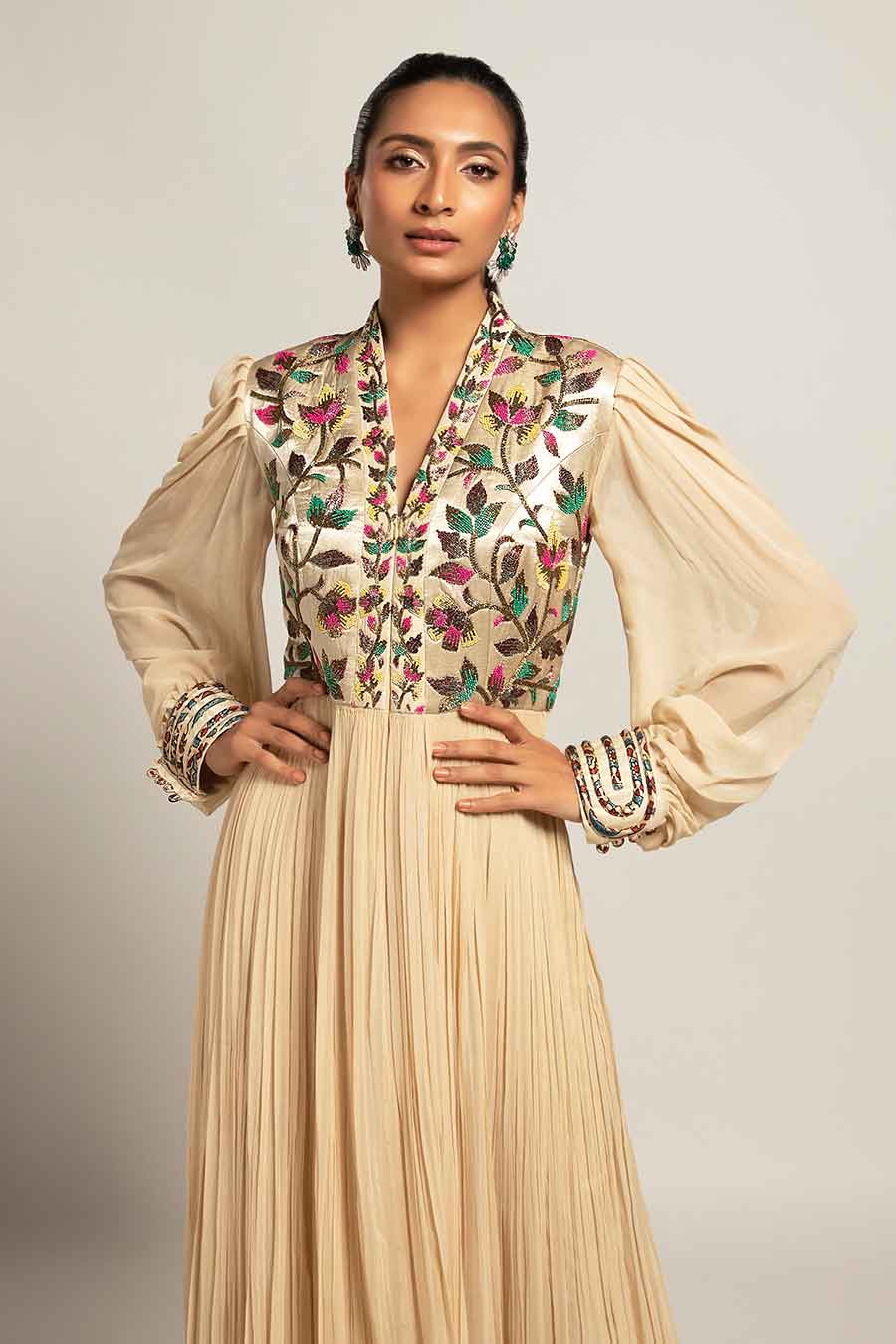 Beige Debonair Hex Embroidered Gathered Dress