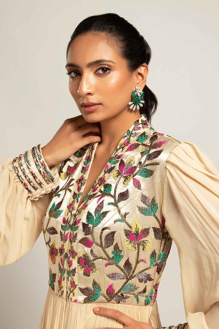 Beige Debonair Hex Embroidered Gathered Dress