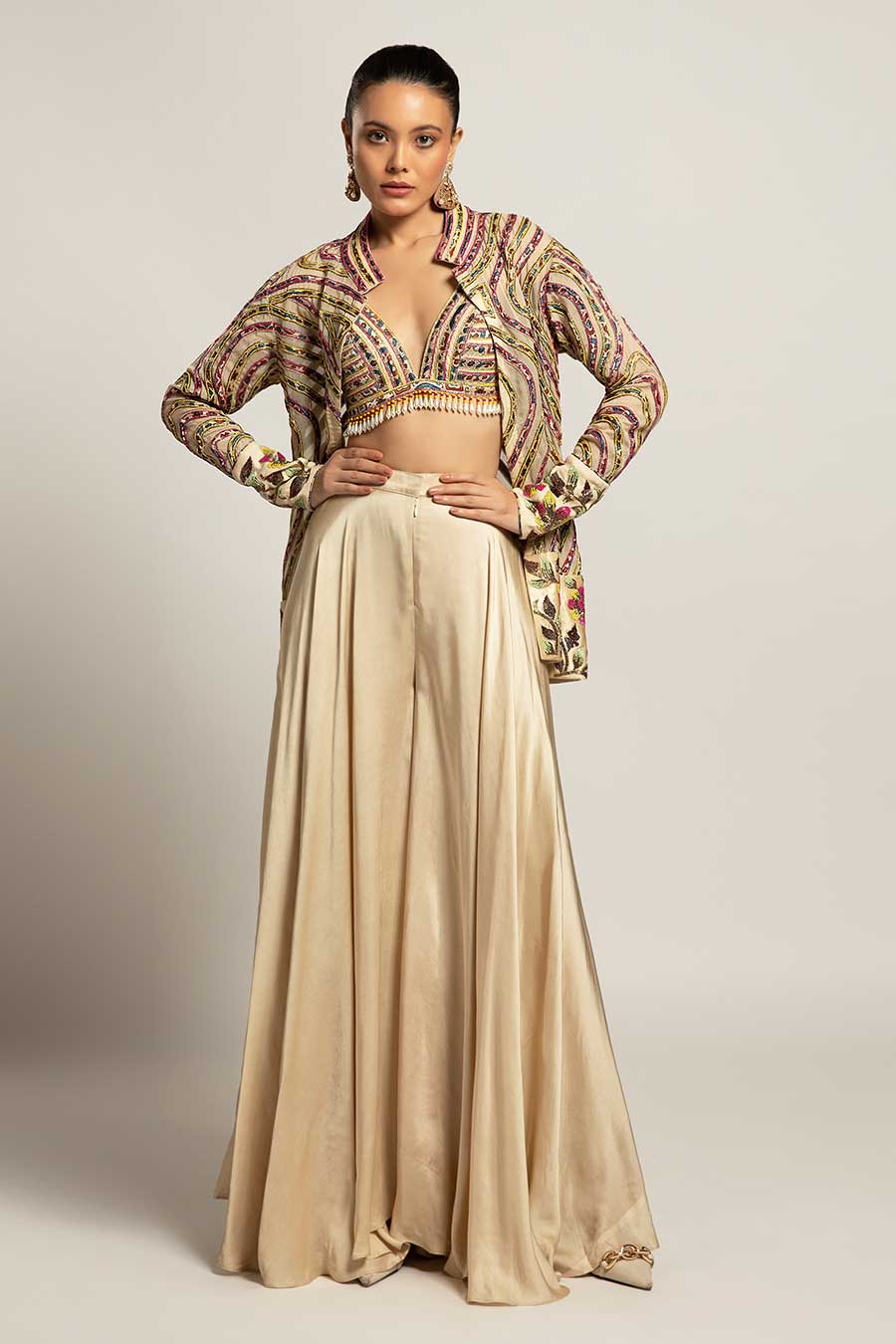 Beige Lustrous Embroidered Bralette & Pant with Jacket Set