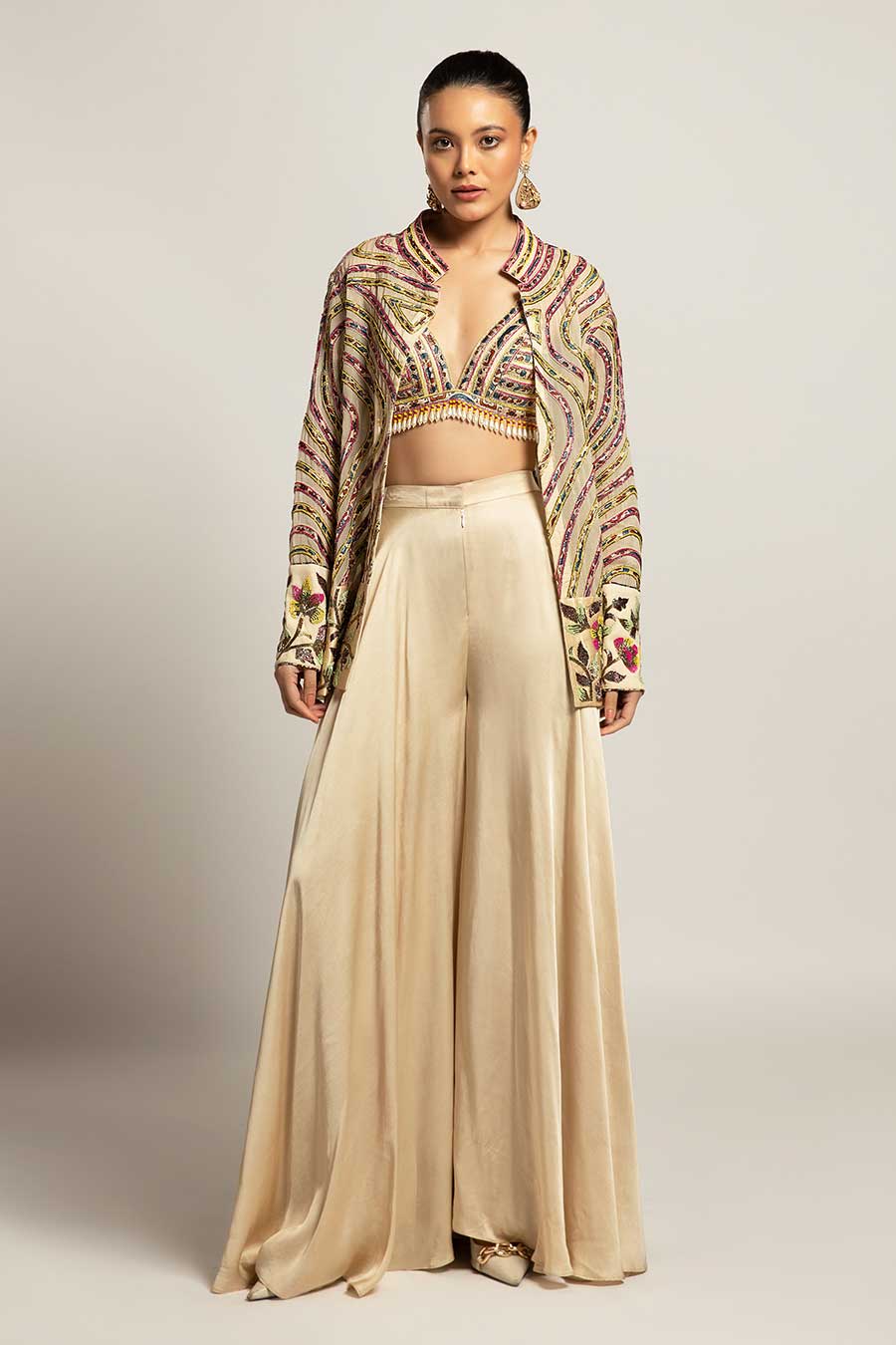 Beige Lustrous Embroidered Bralette & Pant with Jacket Set