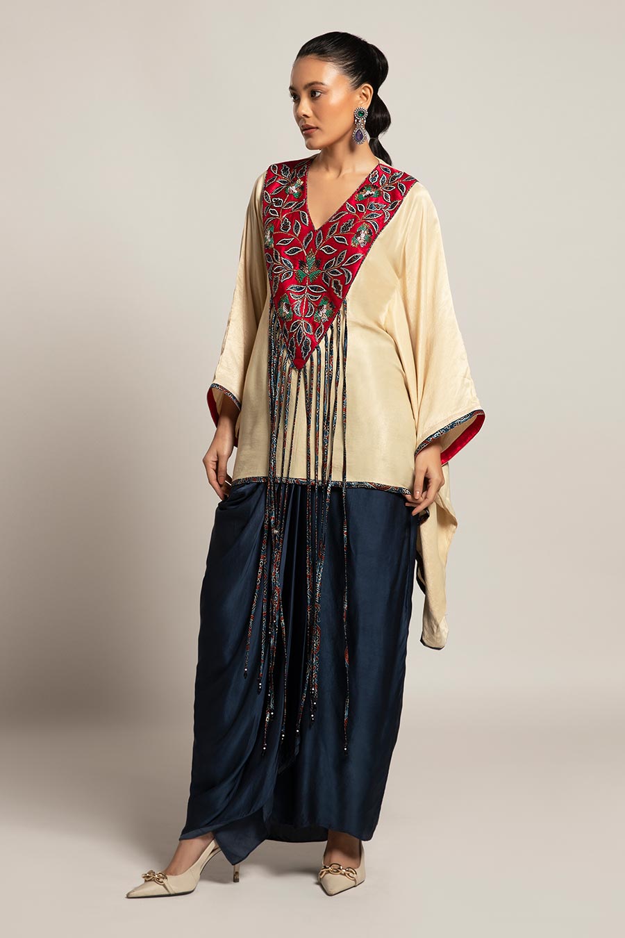 Beige Ahami Embroidered Kaftan & Skirt Set