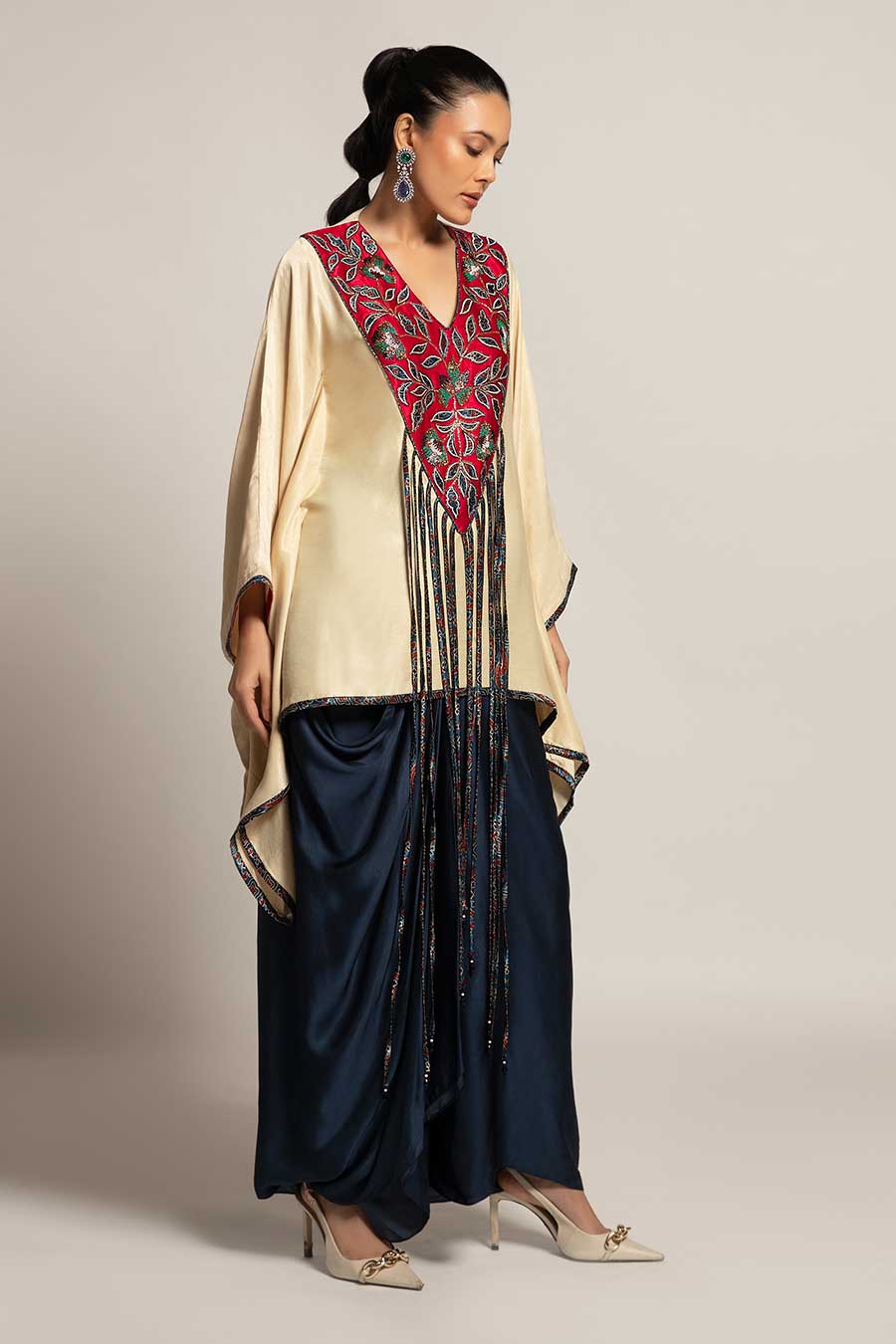 Beige Ahami Embroidered Kaftan & Skirt Set