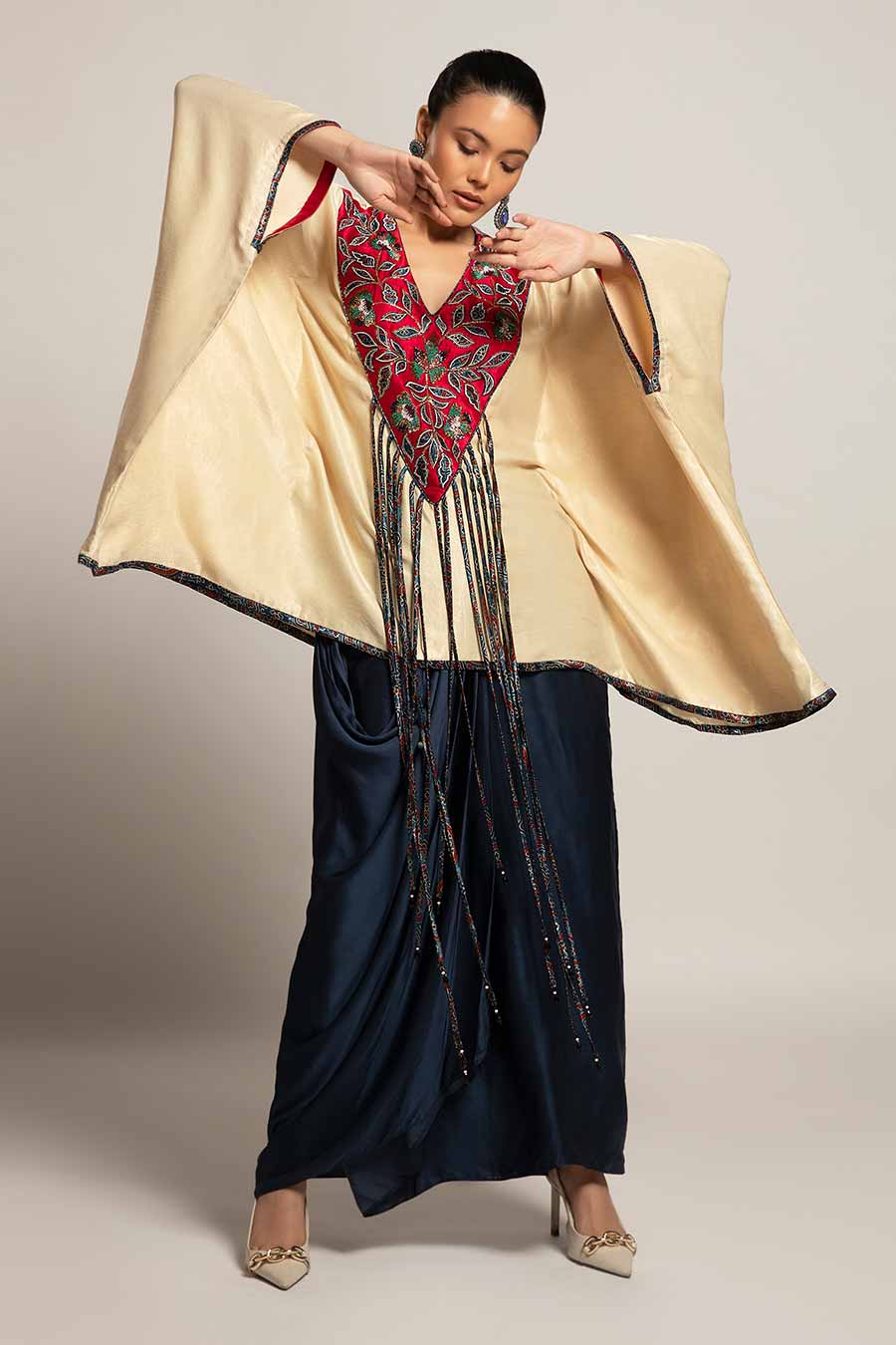 Beige Ahami Embroidered Kaftan & Skirt Set