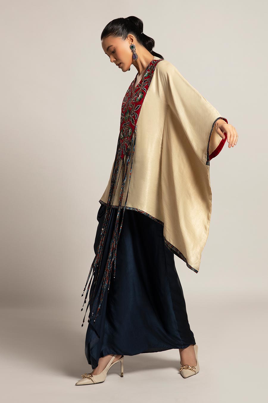 Beige Ahami Embroidered Kaftan & Skirt Set