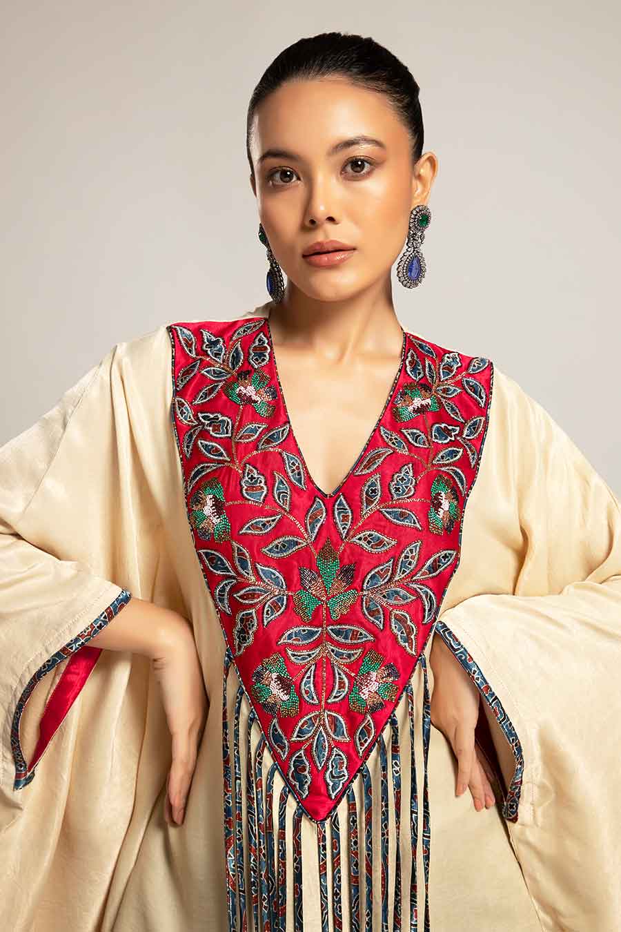 Beige Ahami Embroidered Kaftan & Skirt Set
