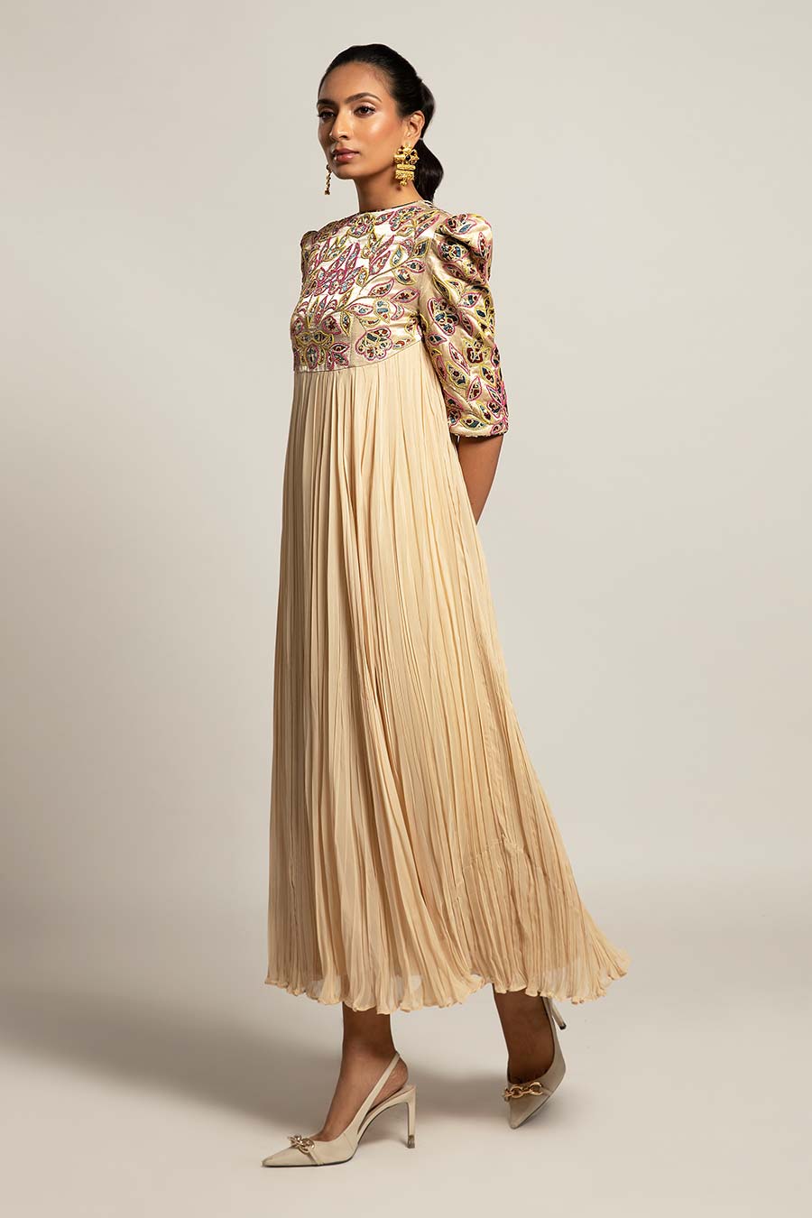 Beige Hallowed Embroidered Gathered Dress
