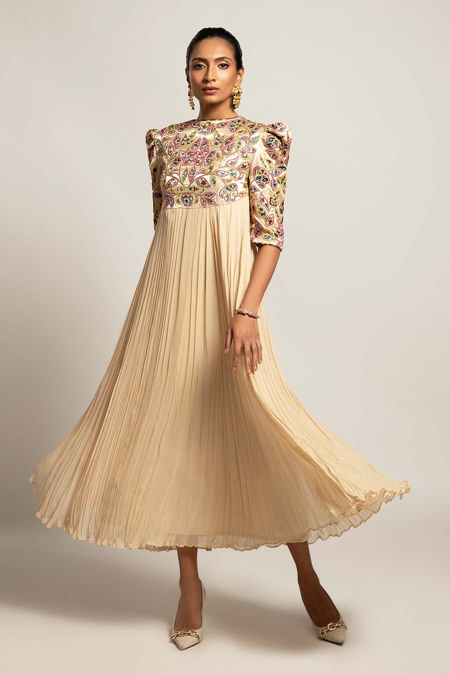 Beige Hallowed Embroidered Gathered Dress