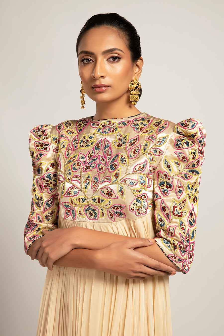 Beige Hallowed Embroidered Gathered Dress