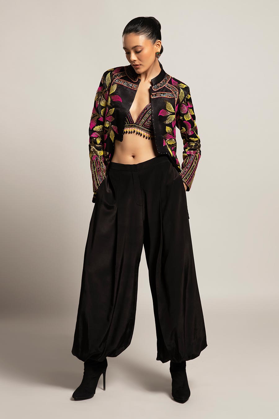 Black Tantalizing Embroidered Bralette & Jacket with Pant Set