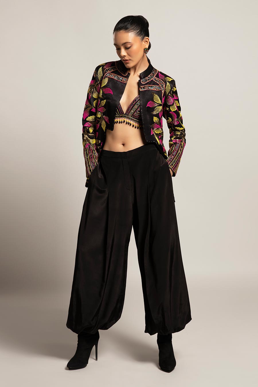 Black Tantalizing Embroidered Bralette & Jakcet with Pant Set