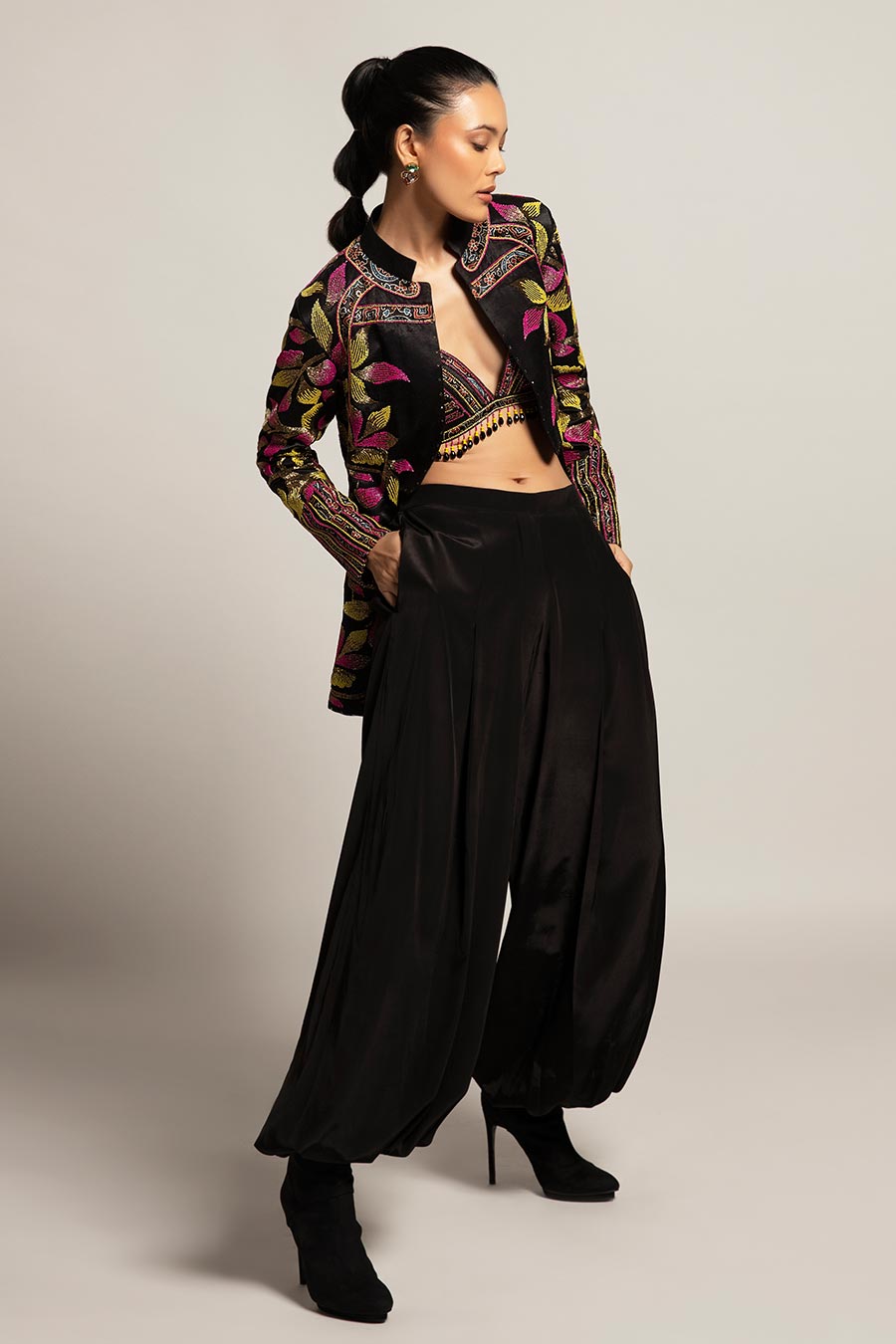 Black Tantalizing Embroidered Bralette & Jakcet with Pant Set