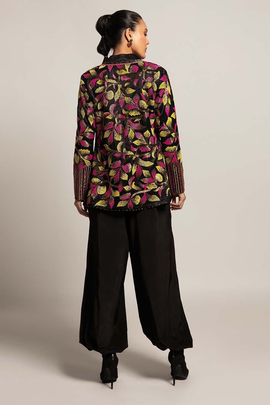 Black Tantalizing Embroidered Bralette & Jacket with Pant Set