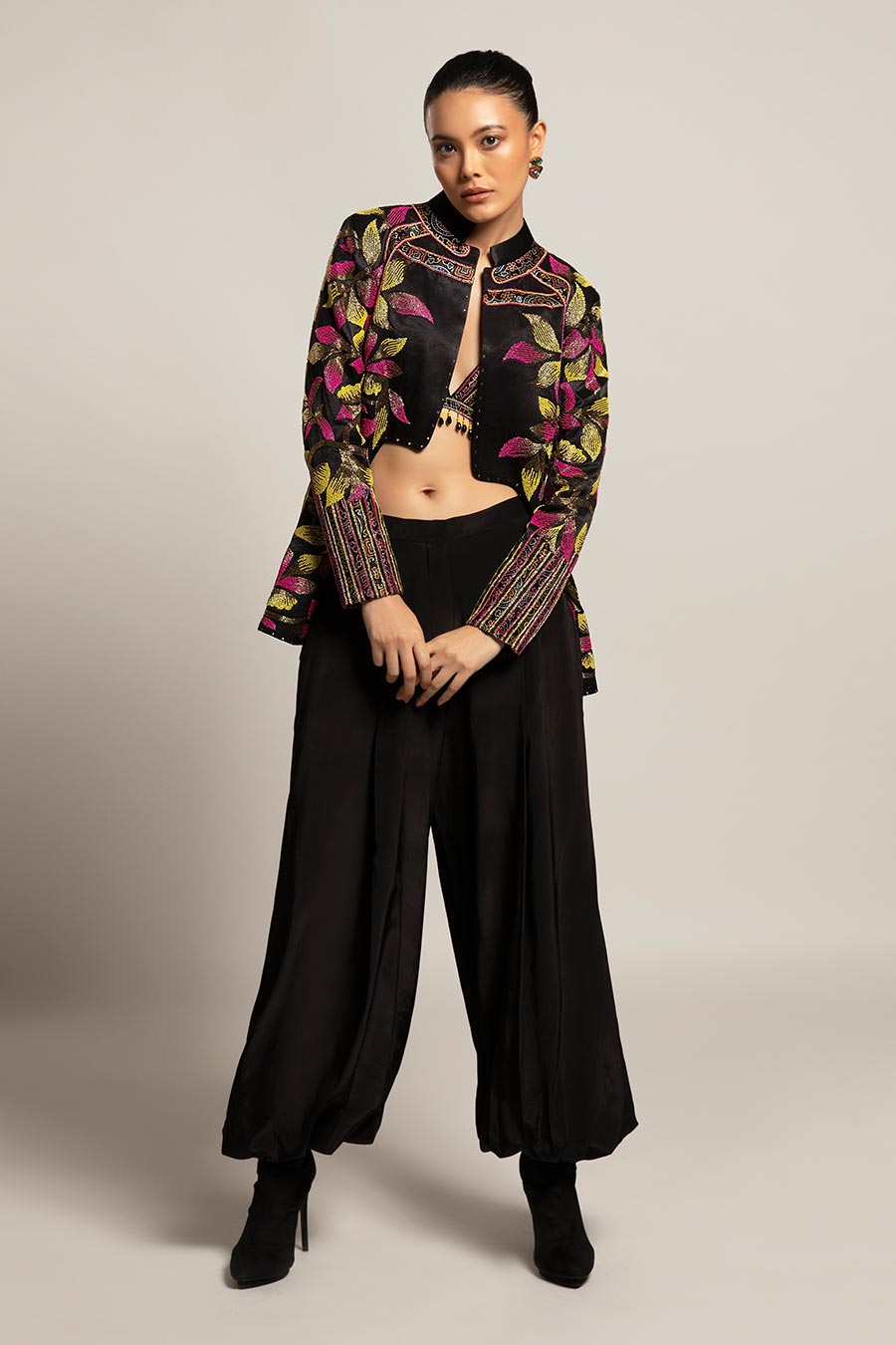 Black Tantalizing Embroidered Bralette & Jakcet with Pant Set