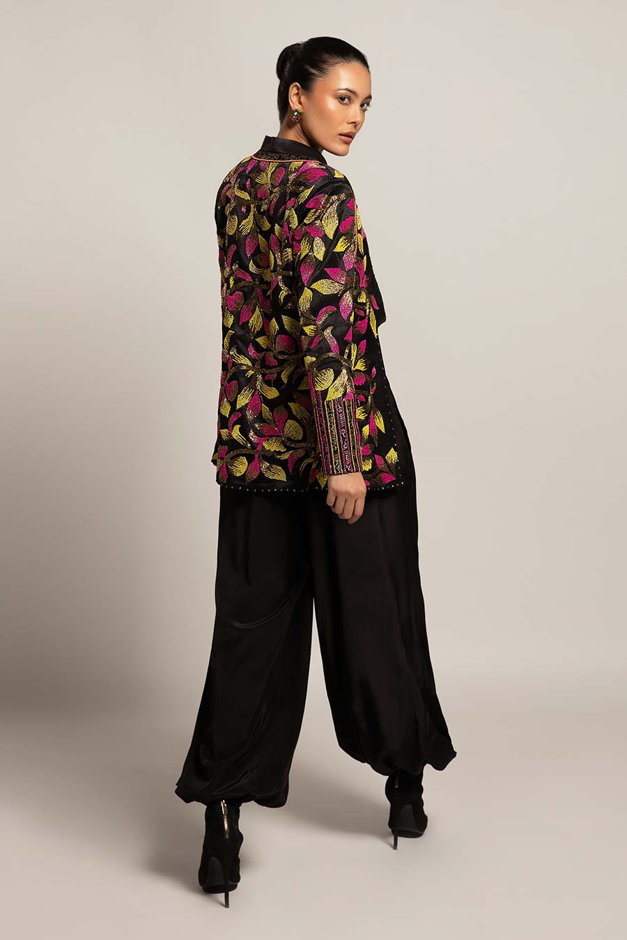 Black Tantalizing Embroidered Bralette & Jacket with Pant Set