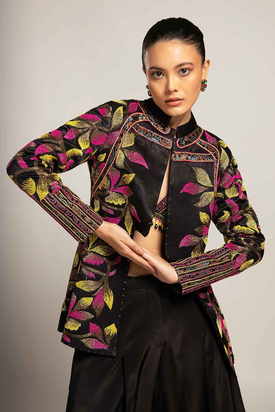 Black Tantalizing Embroidered Bralette & Jacket with Pant Set