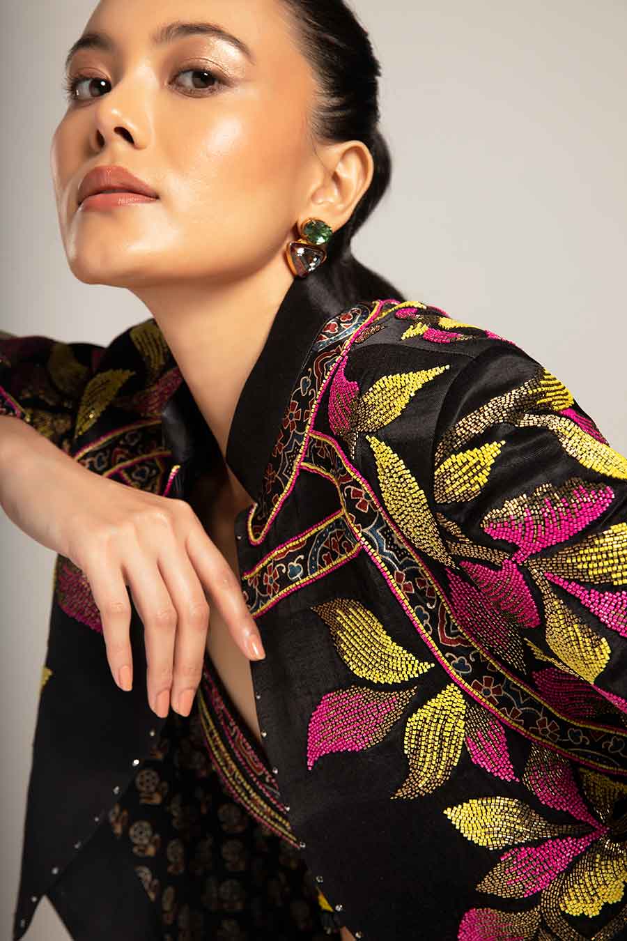 Black Tantalizing Embroidered Bralette & Jacket with Pant Set