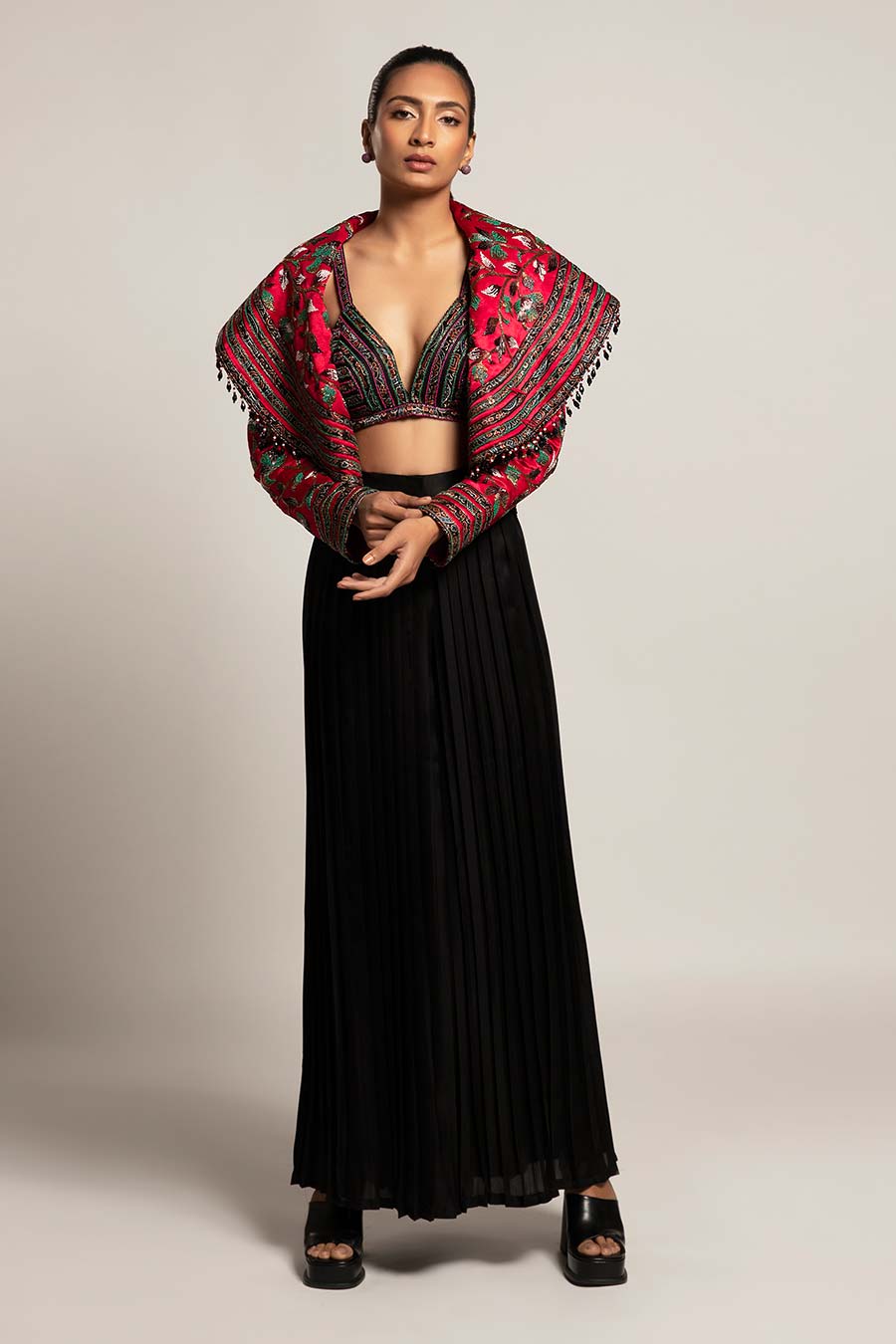 Black Unequaled Embroidered Bralette & Cape Jacket with Pant Set