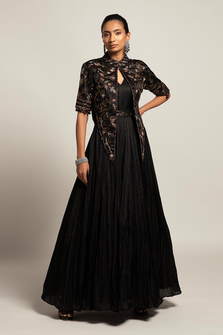 Black Dapper Embroidered Gown & Short Chic Jacket Set