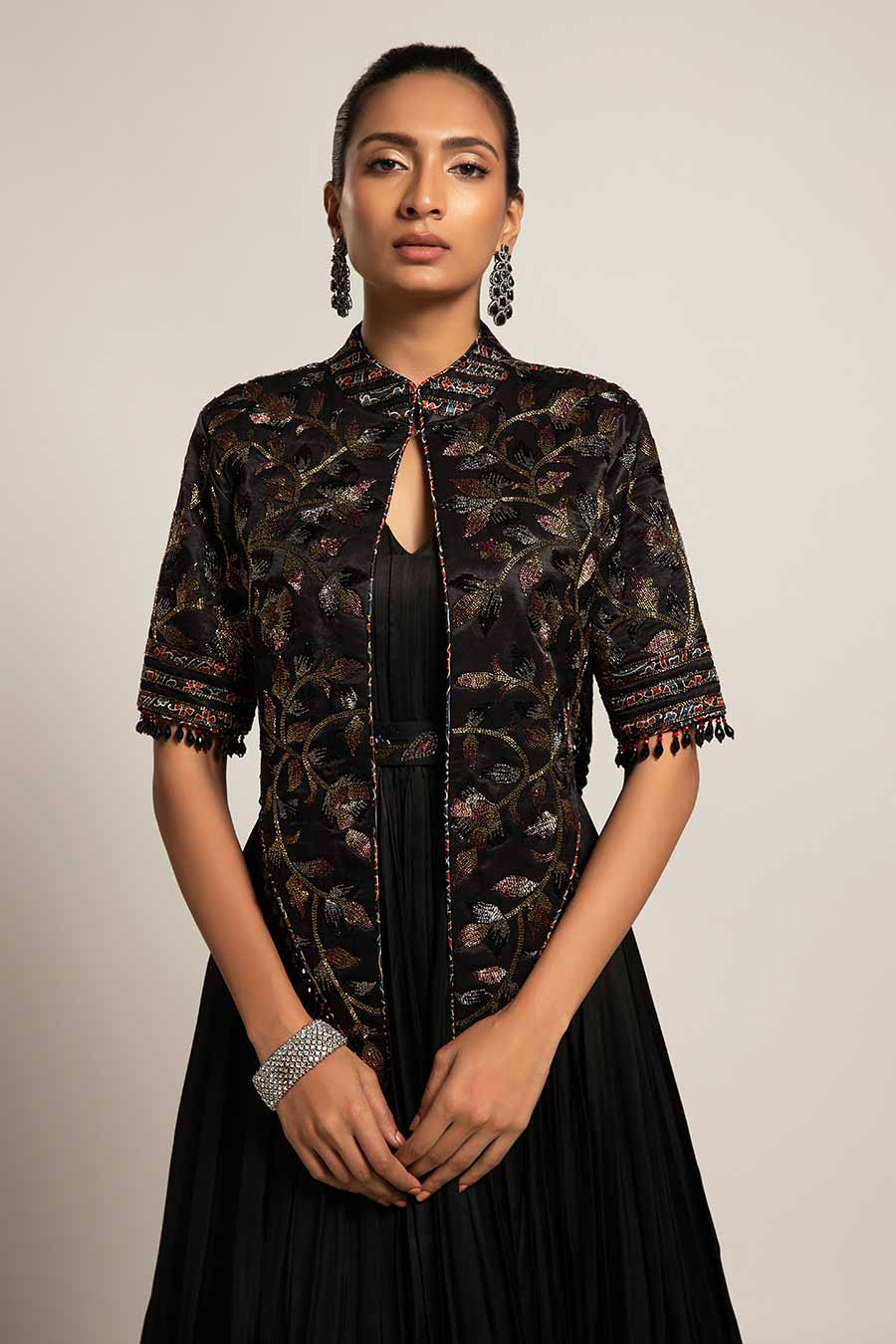 Black Dapper Embroidered Gown & Short Chic Jacket Set