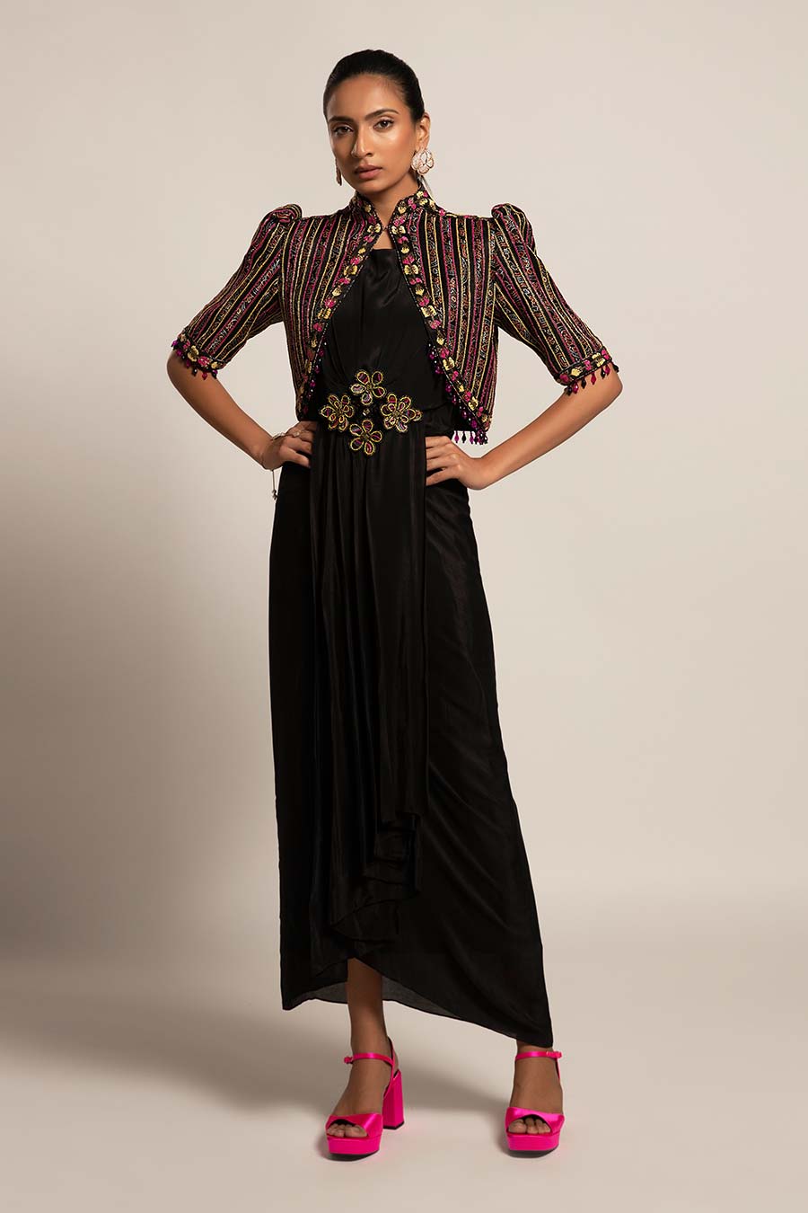 Black Beauteous Embroidered Dress & Short Jacket Set