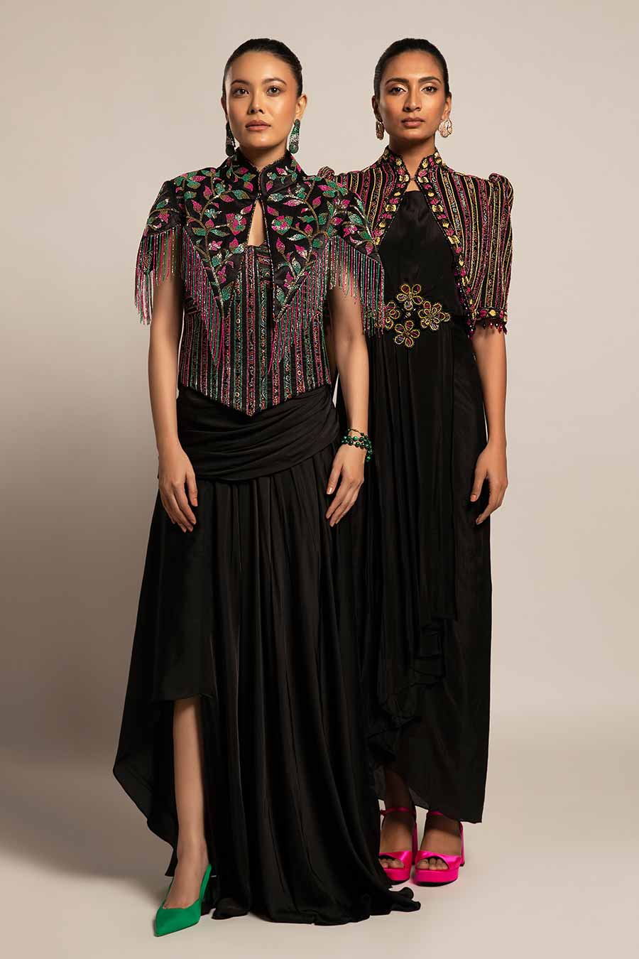Black Beauteous Embroidered Dress & Short Jacket Set