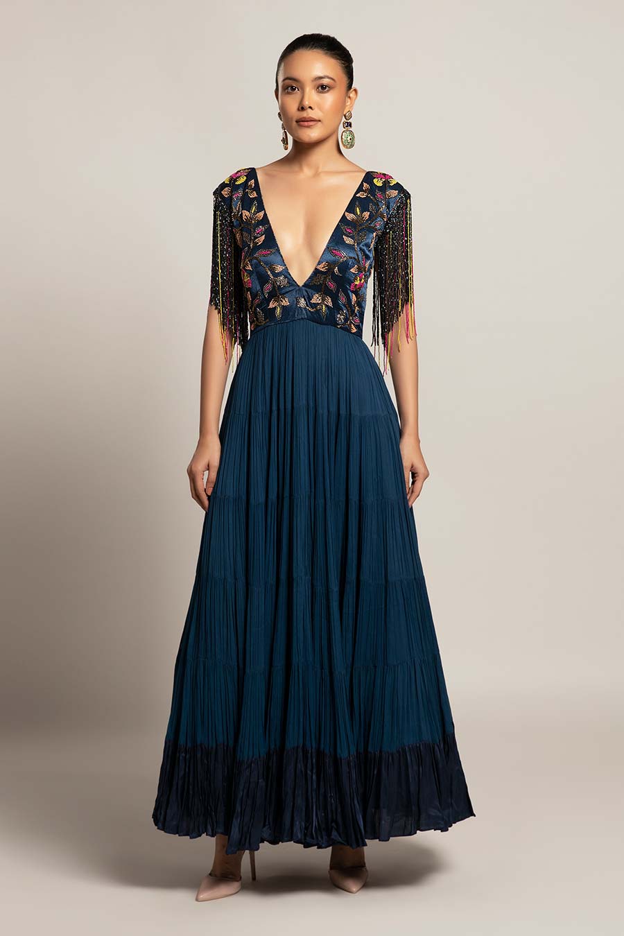 Blue Exaited Embroidered Tiered Dress