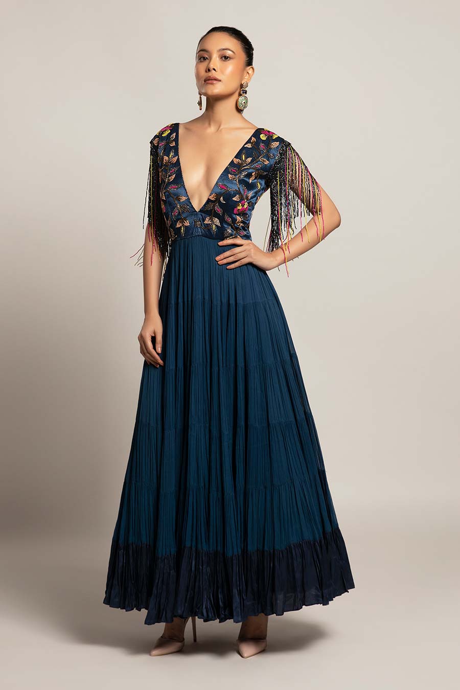 Blue Exaited Embroidered Tiered Dress