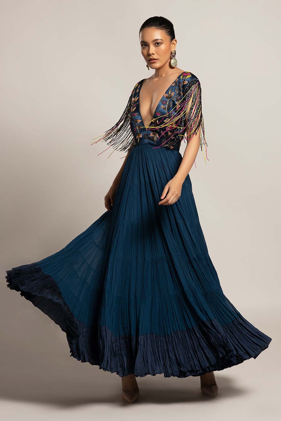 Blue Exaited Embroidered Tiered Dress