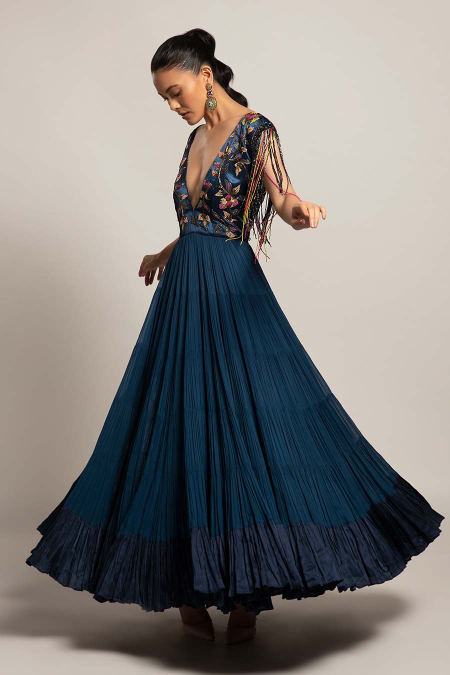 Blue Exaited Embroidered Tiered Dress