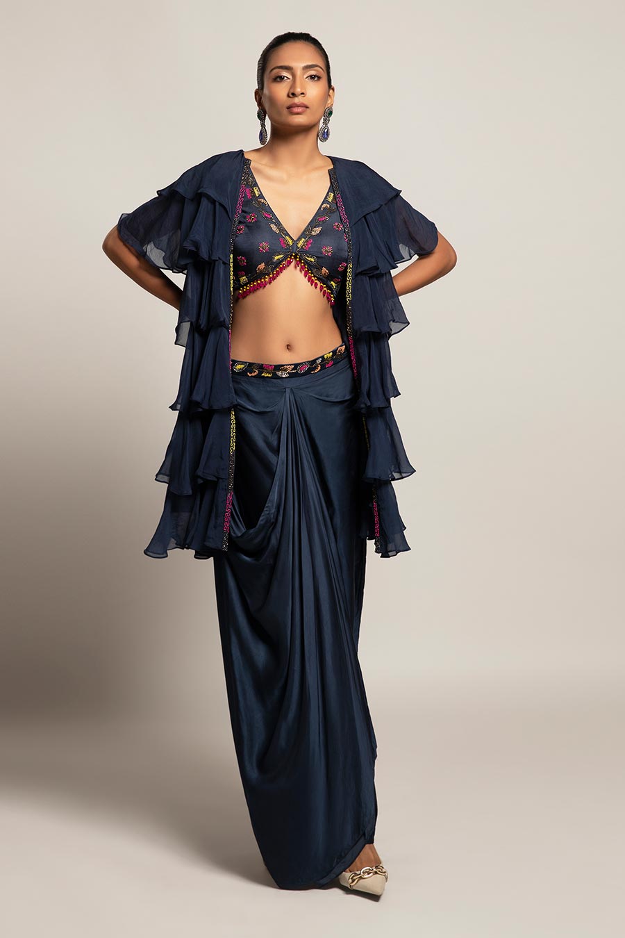 Navy Blue Ravishing Embroidered Blouse & Skirt with Jacket Set