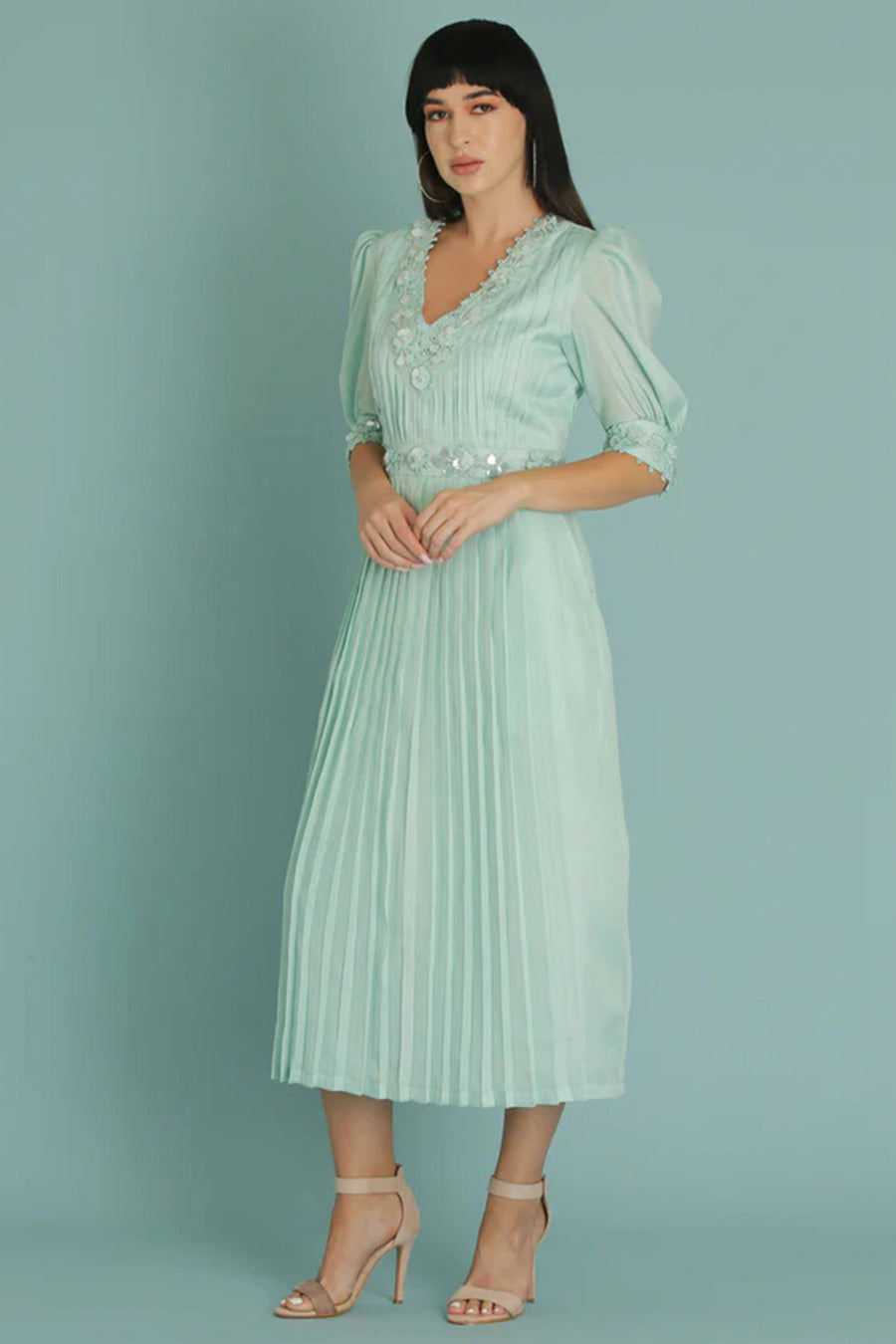 Blue A-Line Embroidered Dress