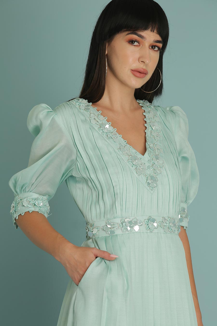 Blue A-Line Embroidered Dress