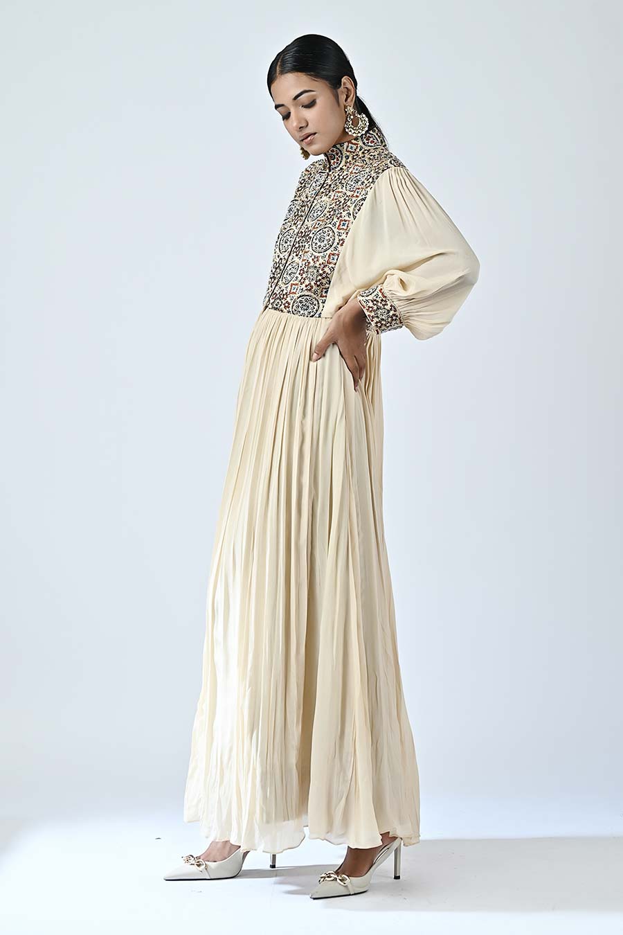 Beige Sorbet Embellished Ajrakh Dress