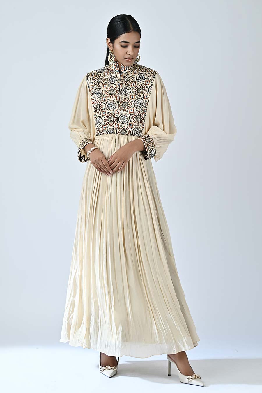 Beige Sorbet Embellished Ajrakh Dress