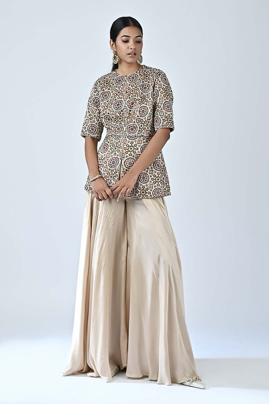 Beige Embellished Ajrakh Peplum Top and Pant Set