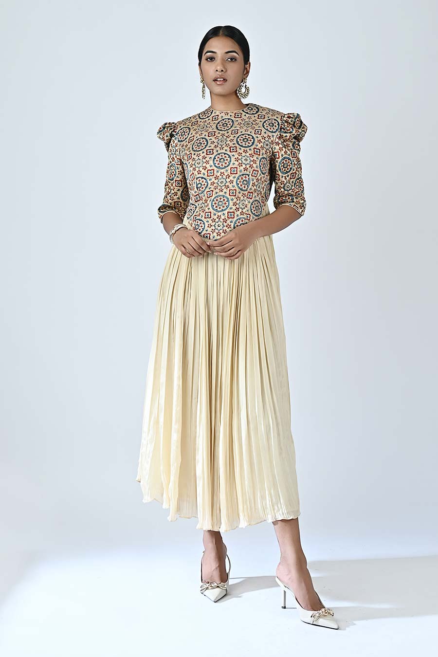 Beige Hedy Embellished Ajrakh Dress