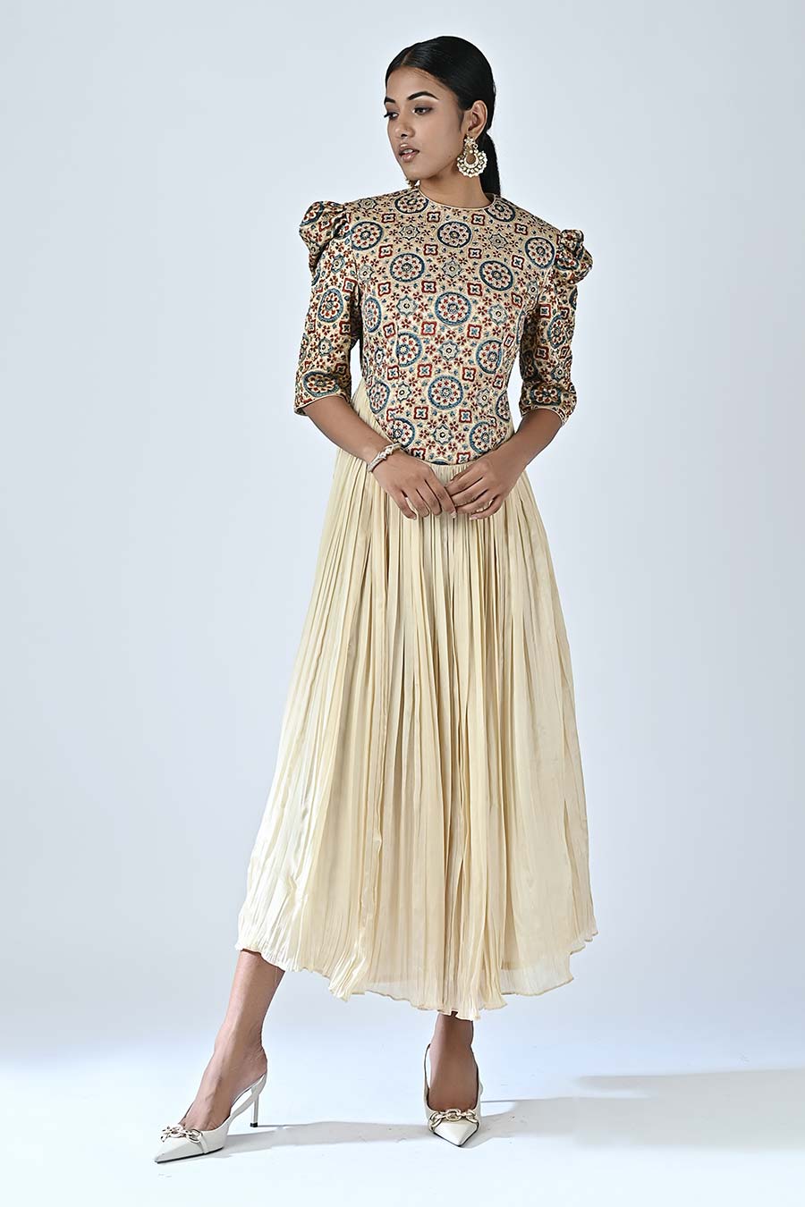 Beige Hedy Embellished Ajrakh Dress