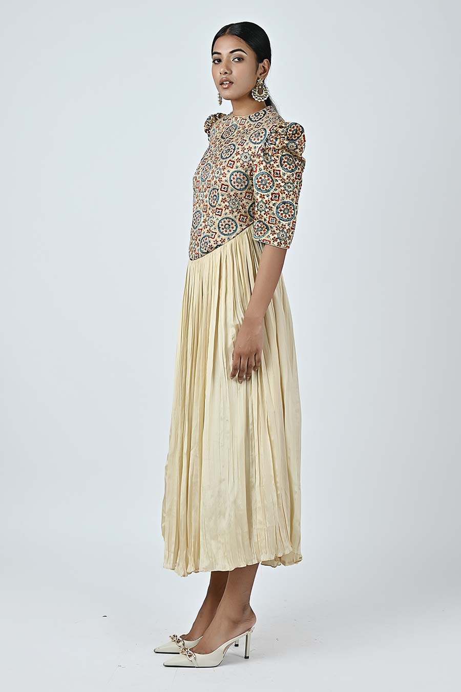 Beige Hedy Embellished Ajrakh Dress