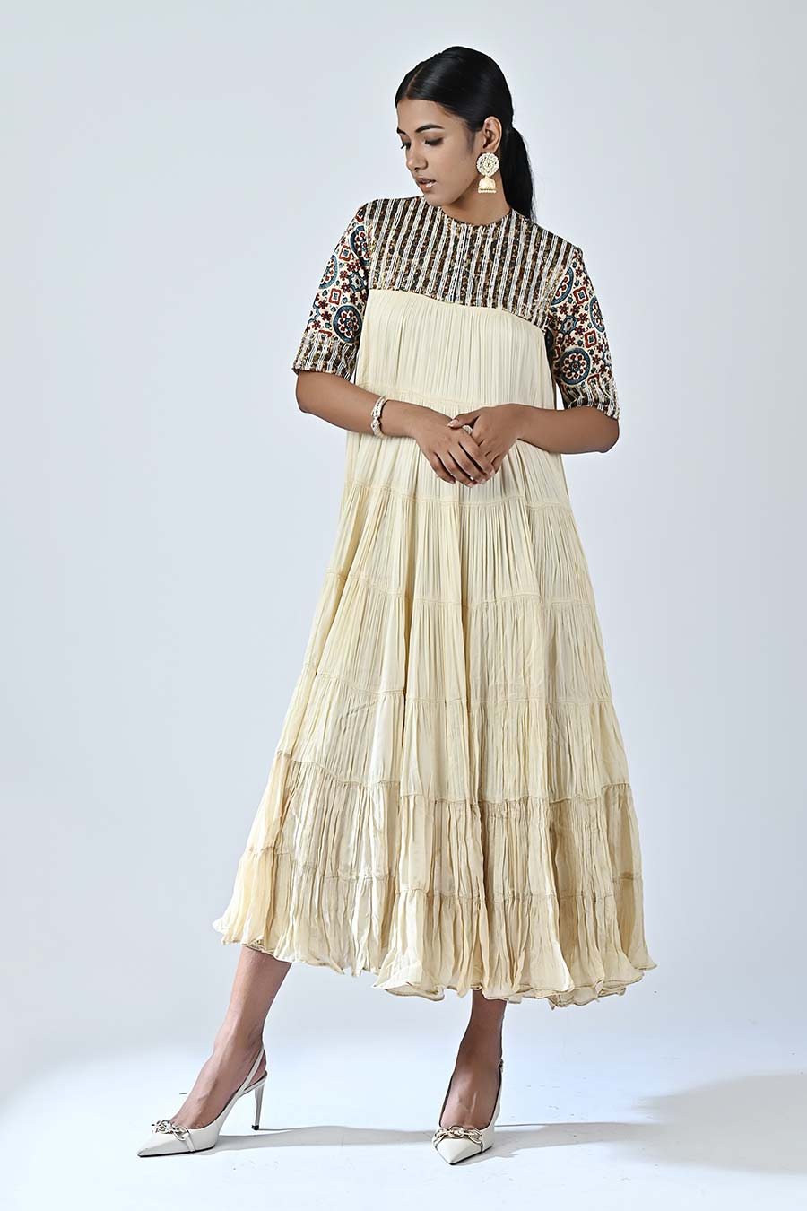 Beige Embellished Ajrakh Gathered Dress