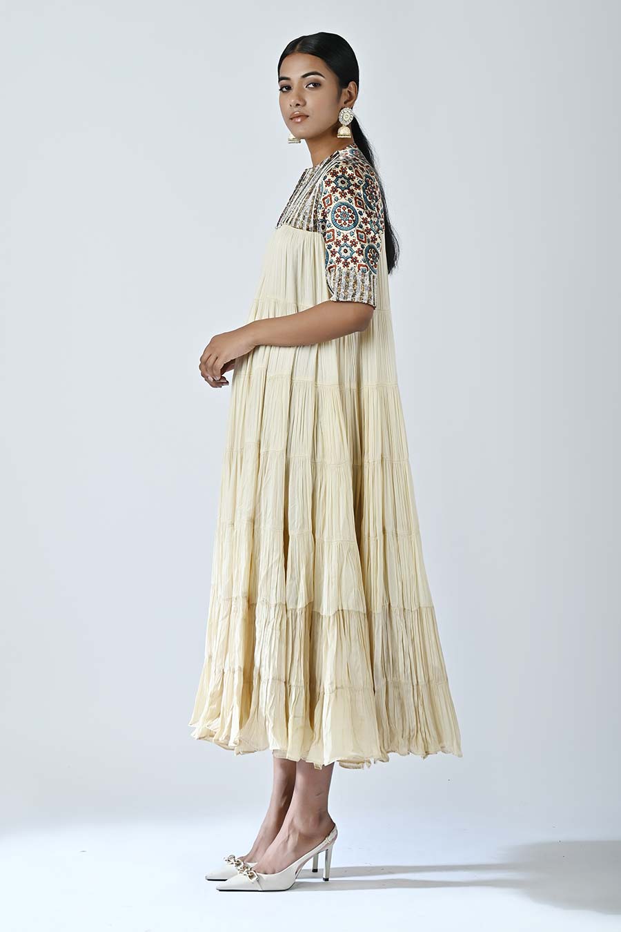 Beige Embellished Ajrakh Gathered Dress