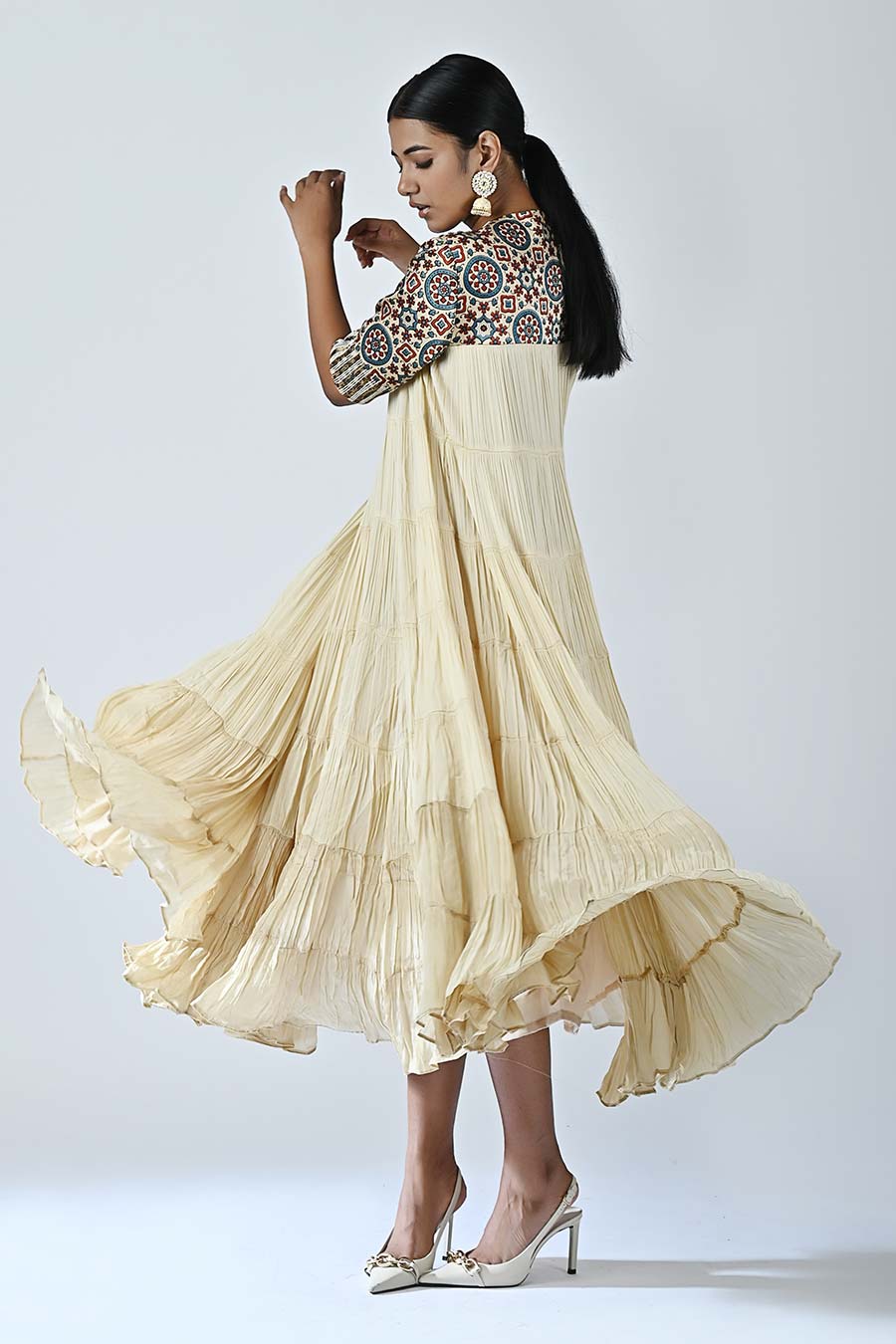 Beige Embellished Ajrakh Gathered Dress