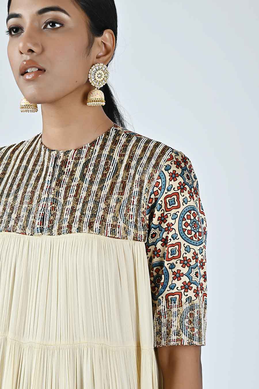 Beige Embellished Ajrakh Gathered Dress