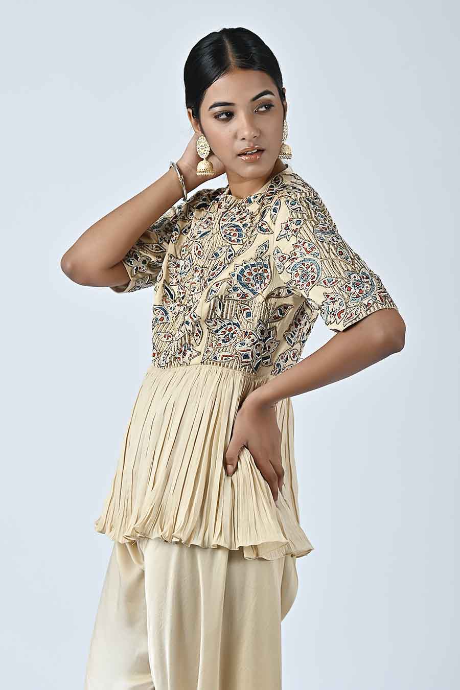 Beige Cuey Embellished Ajrakh Jumpsuit