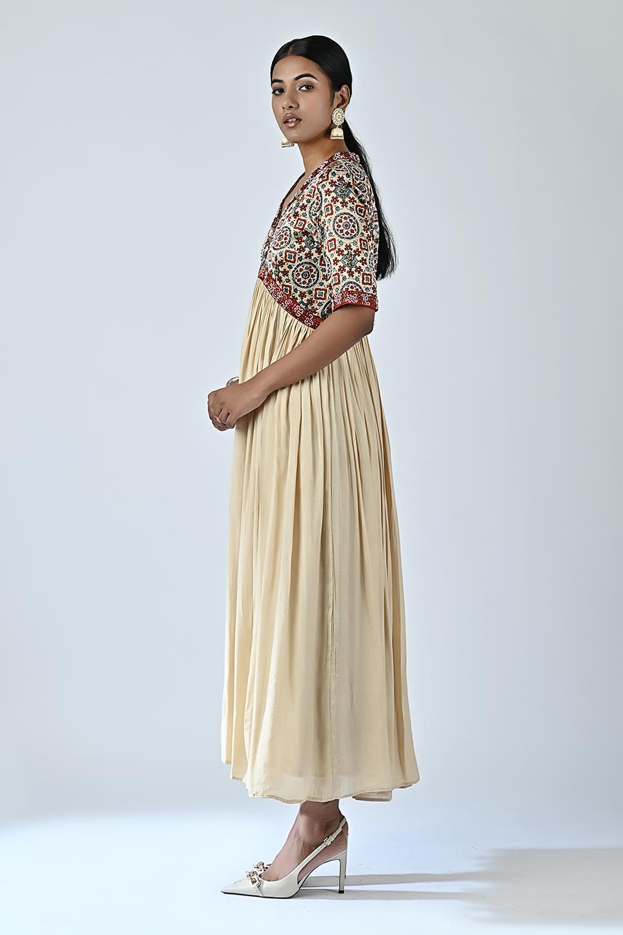 Beige Sway Embellished Ajrakh Dress